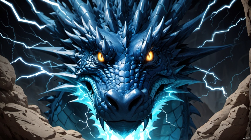 A detailed front headshot of a blue dragon, surrounded by an aura of crackling lightning. Its snout and eyes are sharp and focused, with an electric aura in a dimly lit desert cave. The atmosphere is tense and mystical. hd quality, natural look