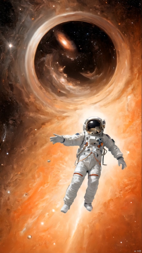 an astronaut floating in space, behind him is the black hole of galaxies and he has his hand on it as if trying to touch its event horizon,dark white and light orange, space art, detailed background elements,scifi, scifantasy, space opera,high resolution, ultra realistic, C4D style, HD, 32K