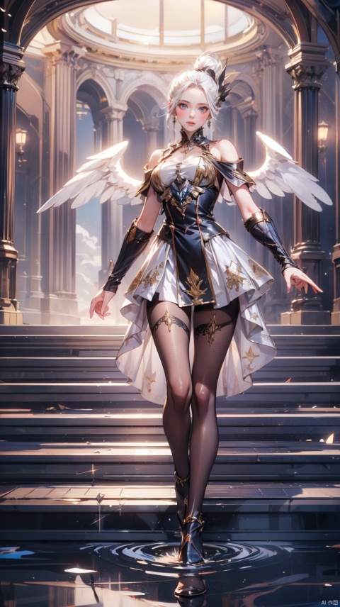  In the center of an enormous circular portal is a vast expanse of white clouds, and above it is a bright beam of light shining down on earth. an 
 beautiful angel model stands at its edge looking up towards heaven with long steps leading to water below. The scene captures ethereal landscapes, , nzts