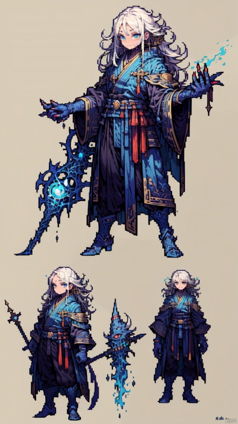 full body, solo, Numenera character concept art of a gothic figure in blue robes with gold accents, wielding staff imbued with magic mist, fingerprint pattern mask, grim dark fantasy, in the style of Halcyon450,怪物, horror (theme), monster, extremely detailed, (dynamic pose:1), pixel creature, Pixel style, fantasy, qzcnhorror, Darkness