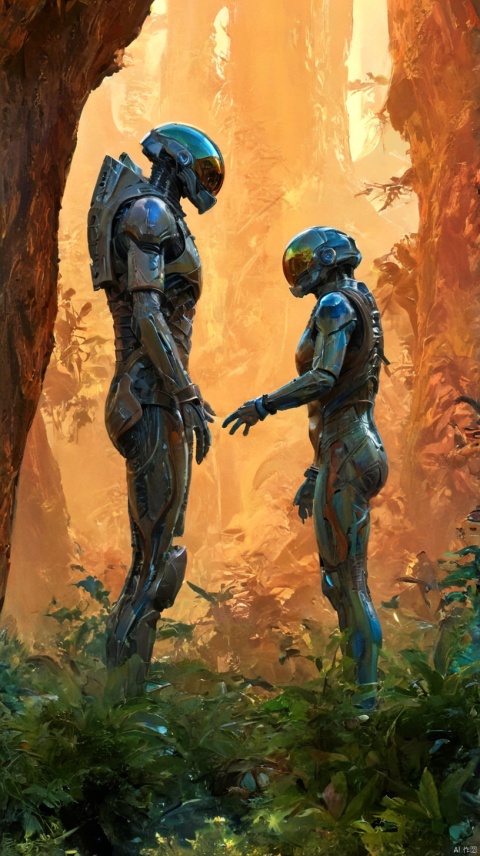 In a breathtaking alien landscape, a courageous human astronaut, clad in an advanced mech suit, stands face-to-face with a giant native inhabitant of the planet. Despite their stark physical differences, they share a moment of mutual respect as they clasp hands in greeting. The human's sleek, futuristic suit reflects the vibrant colors of the alien environment, while the giant's rugged, muscular form speaks to the challenges of life on a high-gravity world. In the background, strange and exotic plant life reaches up to the sky, framing this unlikely meeting of two vastly different species, C4D style, HD, 32K