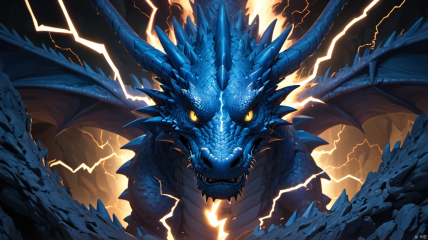  A detailed front headshot of a blue dragon, surrounded by an aura of crackling lightning. Its snout and eyes are sharp and focused, with an electric aura in a dimly lit desert cave. The atmosphere is tense and mystical. hd quality, natural look