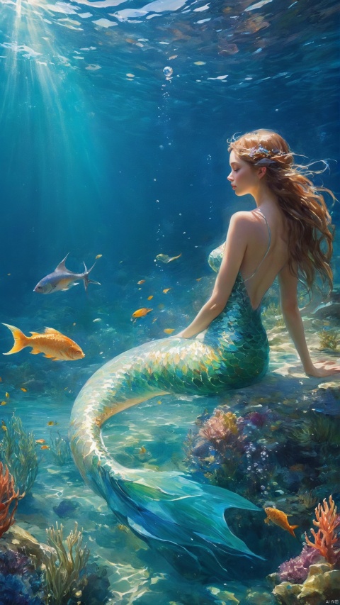  The mermaid, a girl, (The mermaid floating in the ocean like an elf: 1.31).(deep ocean:1.5), It has a beautiful posture, (surrounded by sardine), beautiful seaweed in the foreground, corals in the distance, beautiful bubbles, full body photos, ultra wide-angle lens, depth of field, (Beautiful composition, unified 8k wallpaper, super details, aesthetics, masterpiece, best quality, photos, masterpiece, authenticity, very detailed: complex details: 1.3),(Real scene, real light and shadow, real photos:1.32), 8k, (masterpiece), photos, mermaid,solo,watercolor senery, (UE5 epic scene)