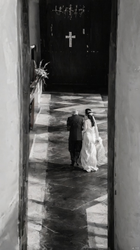 candid long shot dynamic aerial angle journalism photography of random wedding moment asian bride walk in at catholic church, rule of thirds, dark minimalist, aesthetic wedding photography, aesthetic black and white photography