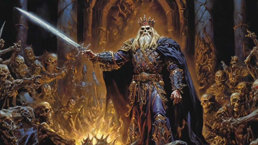  king Leoric,undead,art by Larry elmore,The scene is surreal,captured with a wide-angle lens in 8K high definition,rich in dark tones and filled with dynamic and spectacular energy, black background, monster