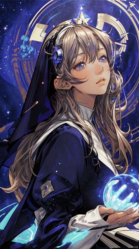 concept art of female nun with white and black robe, wearing black glowing helmet visor covering eyes, starry sky inside the head piece, by Hajime Sorayama, in style of minimalism, on royal blue background, Siggy