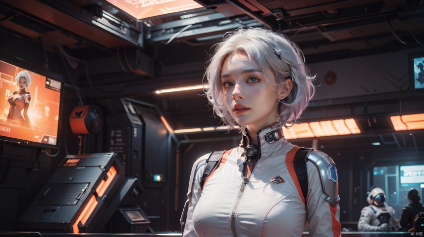  a beautiful female model standing ,large breasts, white hair, sci-fi spacestation background, in the style of realistic hyper-detailed rendering, pseudo-realistic,redscale film, mark henson, nikita veprikov,silvery bodysuit, Cyberpunk Concept, 1girl