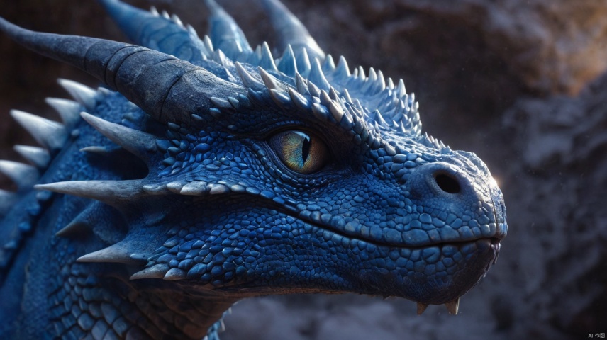 A detailed front headshot of a blue dragon, surrounded by an aura of crackling lightning. Its snout and eyes are sharp and focused, with an electric aura in a dimly lit desert cave. The atmosphere is tense and mystical. hd quality, natural look