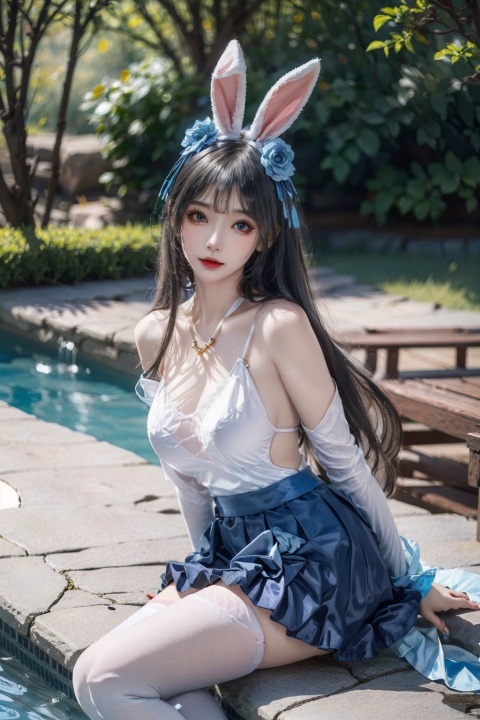  beautiful girl,large breasts, Rabbit Ear(two Twins,Twin,Two girls,blue hair,Long Hair,laying_down,Swimming pool,hair ribbon, hair ornament,white thighhighs, arms behind back,loafers,serafuku,plaid skirt,pleated skirt,mary janes,miniJK,barebelly:1.2),depth_of_field,blurry_background,largebreasts,glint,black pantyhose,jujingyi,