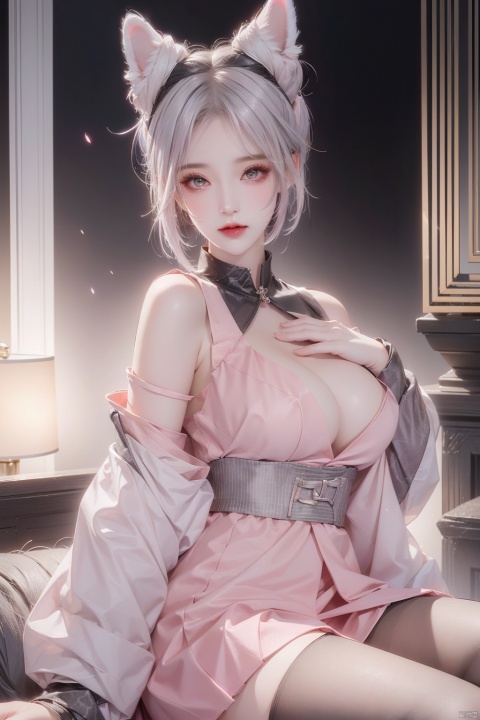  beautiful girl,large breasts (white hair,huge breasts,wuxian-xsg,pink skirt,looking at viewer,grey hair,hair bun,animal ears,things,Living room.:1.2),depth_of_field,blurry_background,largebreasts,glint,black pantyhose,jujingyi,