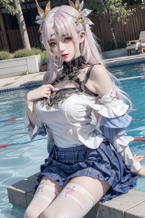  beautiful girl,large breasts,2girl, (two Twins,Twin,Two girls,nude,nipples,pussy,white hair,pink hair,Long Hair,laying_down,Swimming pool,hair ribbon, hair ornament,white thighhighs, loafers,serafuku,plaid skirt,pleated skirt,mary janes,miniJK,barebelly:1.2),depth_of_field,blurry_background,largebreasts,glint,black pantyhose,jujingyi,