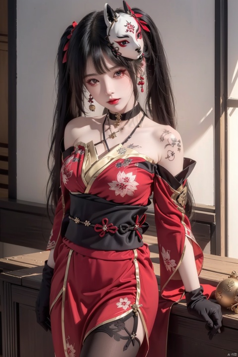  beautiful girl,large breasts (huahuo,1girl,twintails,red kimono,mask on head,black gloves,bare shoulders,detached sleeves,choker,obi,jingle bell,tattoo,looking at viewer,things,Living room,Black Silk Stockings:1.3),depth_of_field,blurry_background,largebreasts,glint,black pantyhose,jujingyi,