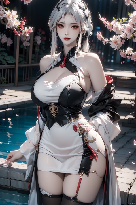  beautiful girl,breasts, girl, dress,(white hair, Roses,white skirt,swimming pool,cherry blossoms,things,Put your hands on your hip,Black Silk Stockings:1.3)depth_of_field,blurry_background,largebreasts,glint, jujingyi, 1girl