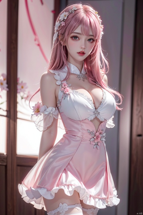  beautiful girl,large breasts,(
pink hair,Flower Cluster, big pink fan,huge breasts,big chest,things,pink dress,arms behind back,white Silk Stockings:1.3)depth_of_field,blurry_background,largebreasts,glint, Girl, a girl,dress