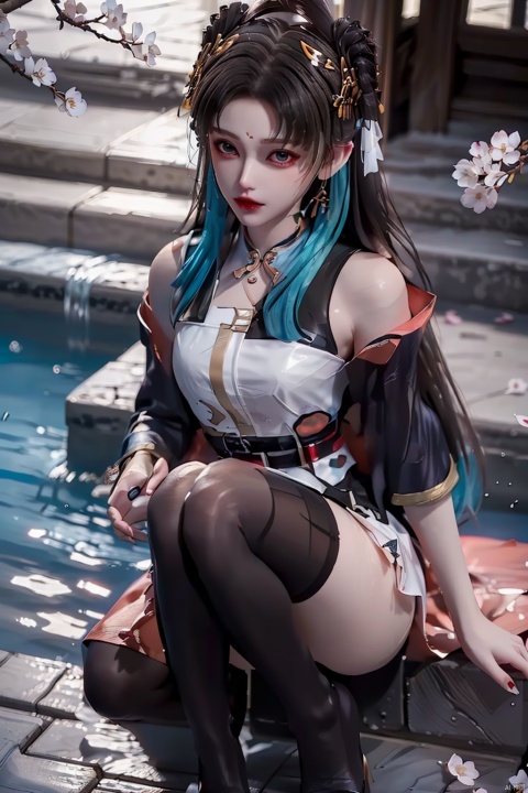  beautiful girl,large breasts (Drool,Open one's mouth,Stick out one's tongue,Roll one's eyes,Cross-eyed,long Hair,black thighhighs,Cherry Blossoms,things,swimming pool,On one's knees:1.3),depth_of_field,blurry_background,largebreasts,glint,black pantyhose,jujingyi,