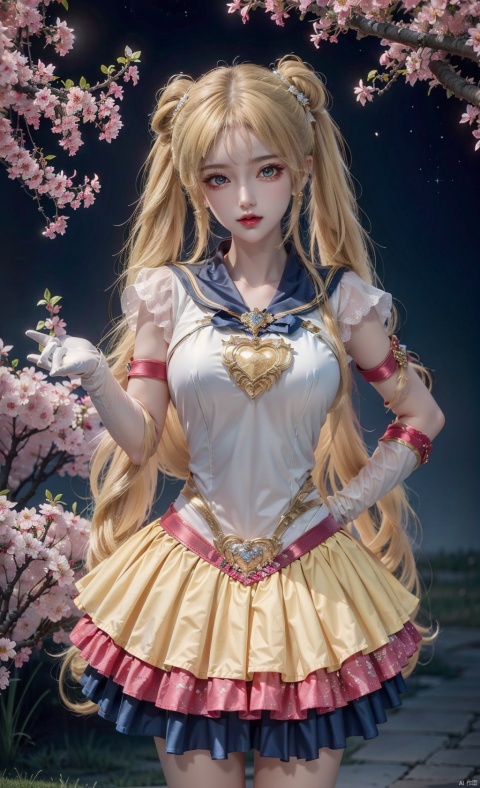  beautiful girl,breasts, girl, dress,(WZJ,tsukino usagi,1girl,sailor moon,solo,crescent facial mark,blonde hair,sailor senshi uniform,double bun,magical girl,skirt,long hair,heart brooch,sailor collar,twintails,layered skirt,crescent,jewelry,facial mark,white footwear,blue sailor collar,gloves,hair bun,white gloves,knee boots,brooch,yellow skirt,elbow gloves,multicolored skirt,forehead mark Roses,Big Breasts,huge breasts,cherry blossoms,jewelry,headgear,Put your hand on hip,blue flowers,Black Silk Stockings:1.2)depth_of_field,blurry_background,largebreasts,glint, jujingyi, tm, 1girl,things