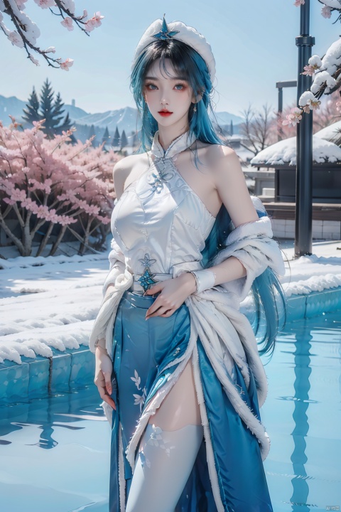  beautiful girl,breasts, girl, dress,(blue hair,Snow-white hat, Long blue hair,white skirt,swimming pool,cherry blossoms,things,Put your hands on your hip,Black Silk Stockings:1.3)depth_of_field,blurry_background,largebreasts,glint, jujingyi, 1girl