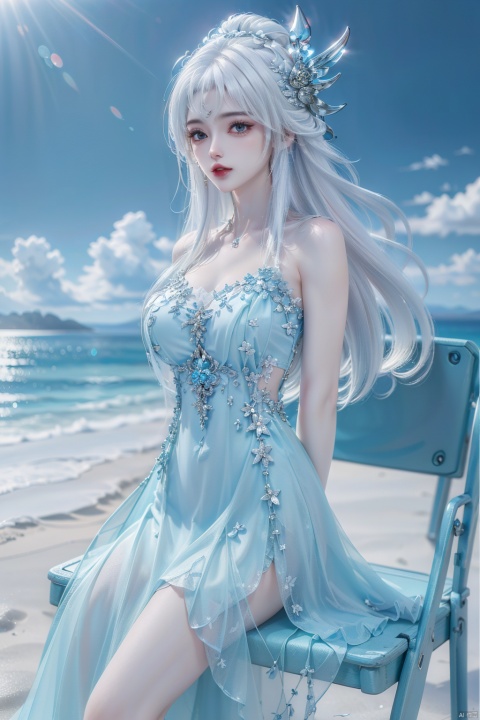  beautiful girl,large breasts,(white hair,luna,huge breasts,big chest,things,arms behind back,hair ornament,long hair,dress,Sunny Beach,whitedress,Sitting on a beach chair,spread legs:1.3)depth_of_field,blurry_background,largebreasts,glint, Girl, a girl,dress