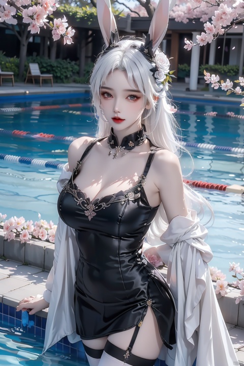  beautiful girl,breasts, girl, dress,rabbit ears(white hair, Roses,Purple Roses,swimming pool,cherry blossoms,things,Put your arms around your chest,Black Silk Stockings:1.3)depth_of_field,blurry_background,largebreasts,glint, jujingyi, 1girl