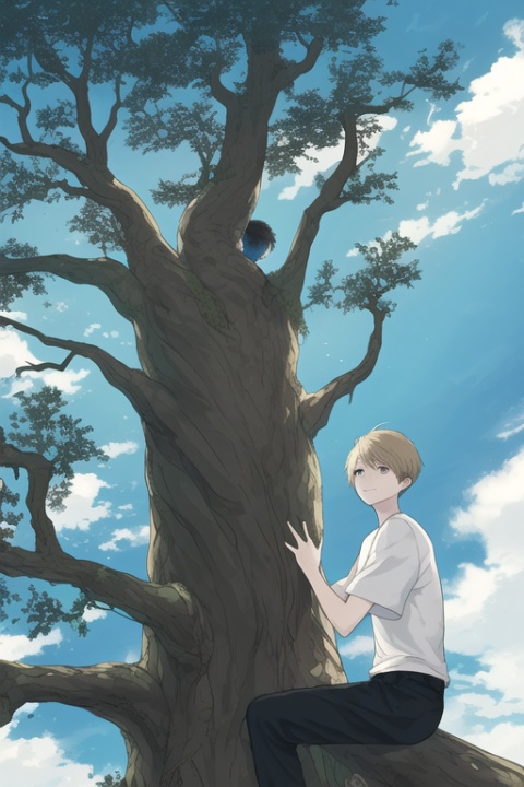 1 boy，tree，sky，