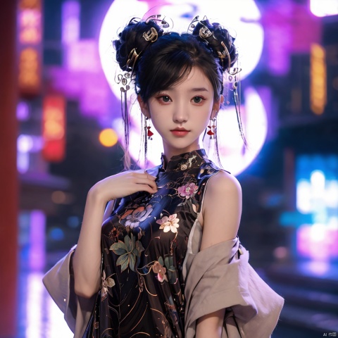 sdmai, quanxishaonv, 1girl, solo, double bun, dress, realistic, hair bun, earrings, jewelry, looking at viewer, black hair, chinese clothes, brown eyes, blurry, black dress, sleevelessdress