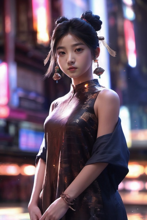 sdmai, quanxishaonv, 1girl, solo, double bun, dress, realistic, hair bun, earrings, jewelry, looking at viewer, black hair, chinese clothes, brown eyes, blurry, black dress, sleevelessdress