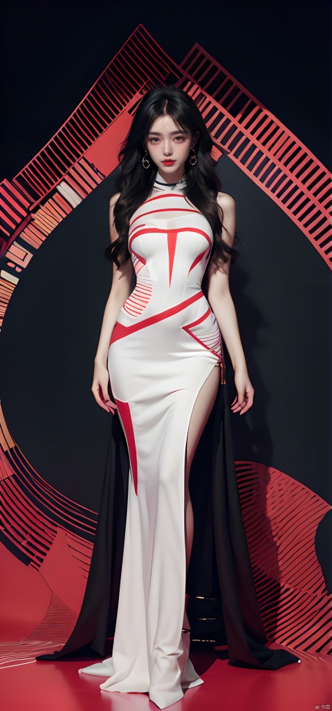  sd_mai, Geometric design style,1girl, solo, black hair, jewelry, earrings, long hair, dress, full body, standing, looking at viewer, high heels, Hourglass body shape