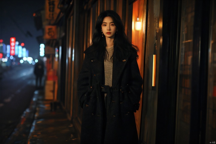  sdmai, fanhua, 1girl, solo, jewelry, long hair, looking at viewer, earrings, blurry, coat, black hair, standing, hands in pockets, night, pants,