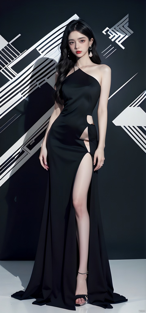  sd_mai, Geometric design style,1girl, solo, black hair, jewelry, earrings, long hair, dress, full body, standing, looking at viewer, high heels, Hourglass body shape