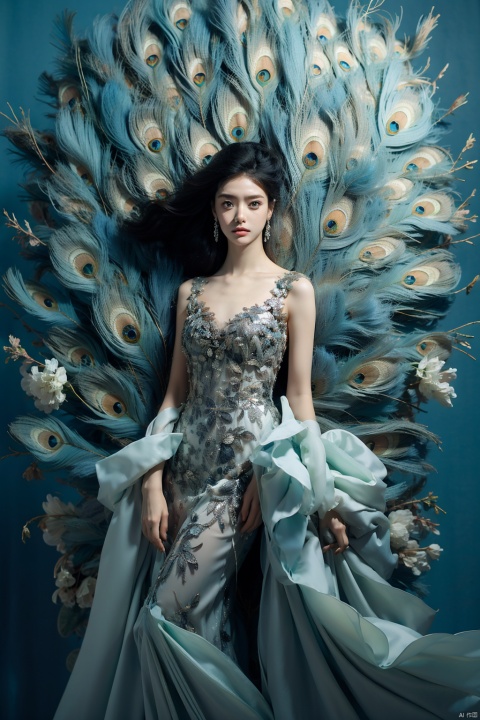  sdmai,Peacock style, 1girl, black hair, dress, solo, jewelry, earrings, breasts, long hair, blue background, extra eyes, flower, whitedress,
