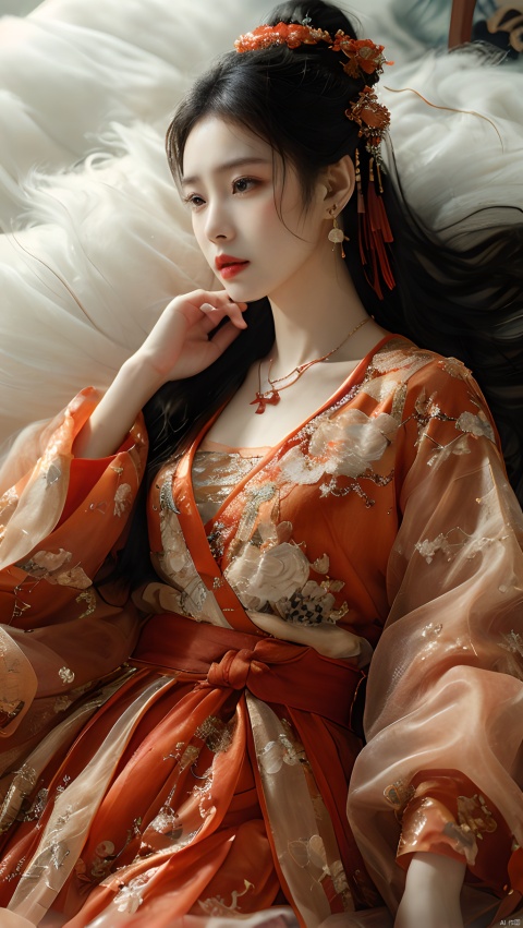  sdmai, wonv, 1girl, jewelry, solo, long hair, hair ornament, black hair, earrings, lying, on back, hanfu, realistic, necklace, chinese clothes, red lips,