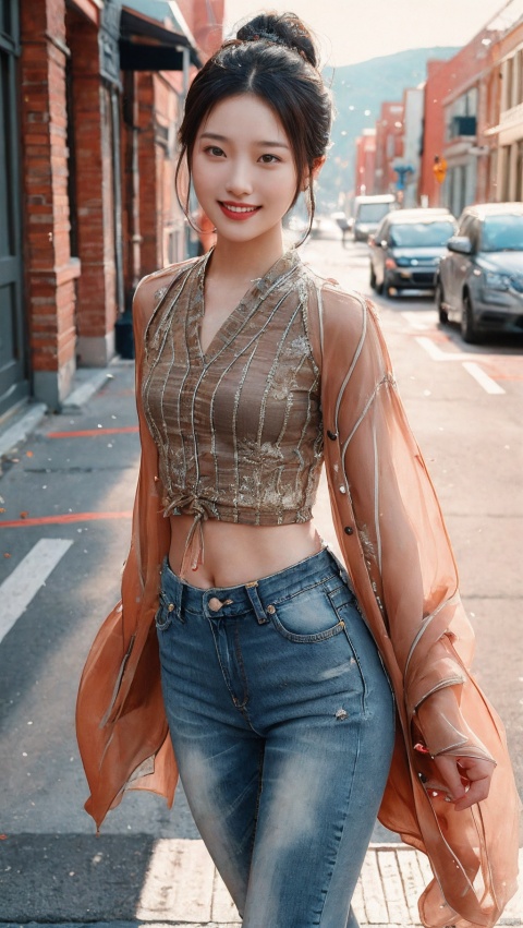 sdmai,chaziyanhong,1woman, bodycon crop top and jeans, on a street, smiling, cinematic, professional photography, photogenic, natural lighting, bob hair, flat bangs, brown hair
