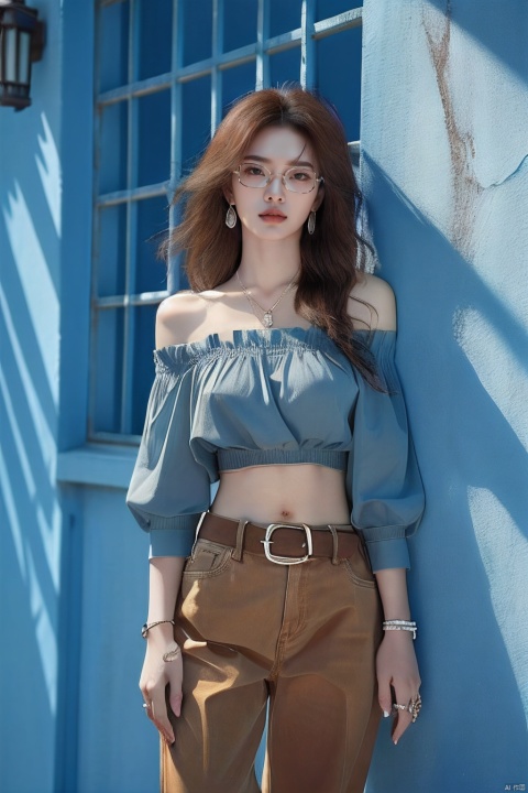 sdmai,lanmeng,1girl,solo,jewelry,realistic,long hair,necklace,belt,pants,bracelet,glasses,brown hair,blue shirt,off-shoulder shirt,shirt,ring,midriff,round eyewear,earrings,looking at viewer,parted lips,off shoulder,bare shoulders,navel,standing,