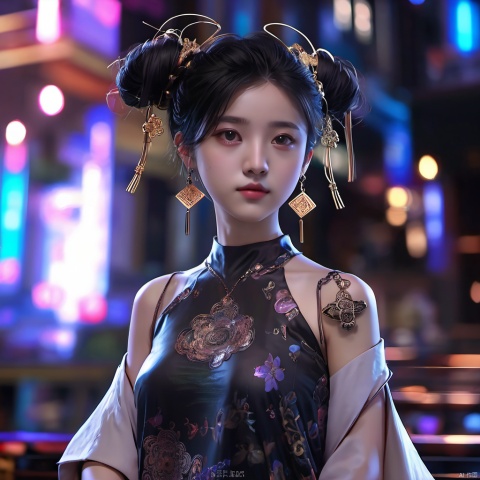 sdmai, quanxishaonv, 1girl, solo, double bun, dress, realistic, hair bun, earrings, jewelry, looking at viewer, black hair, chinese clothes, brown eyes, blurry, black dress, sleevelessdress