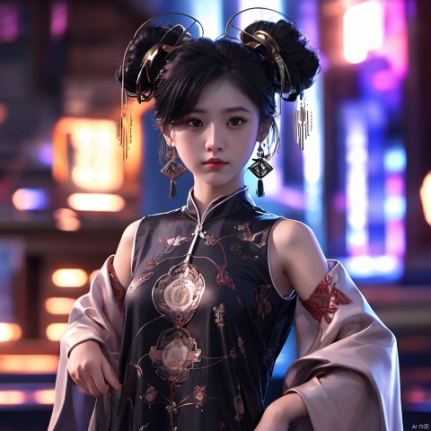 sdmai, quanxishaonv, 1girl, solo, double bun, dress, realistic, hair bun, earrings, jewelry, looking at viewer, black hair, chinese clothes, brown eyes, blurry, black dress, sleevelessdress