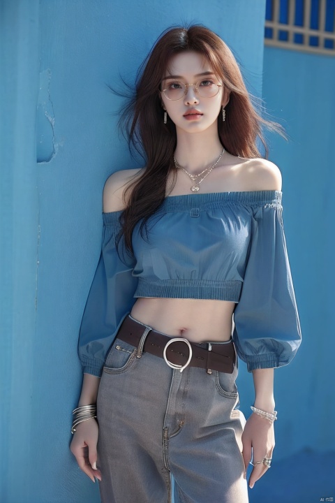 sdmai,lanmeng,1girl,solo,jewelry,realistic,long hair,necklace,belt,pants,bracelet,glasses,brown hair,blue shirt,off-shoulder shirt,shirt,ring,midriff,round eyewear,earrings,looking at viewer,parted lips,off shoulder,bare shoulders,navel,standing,