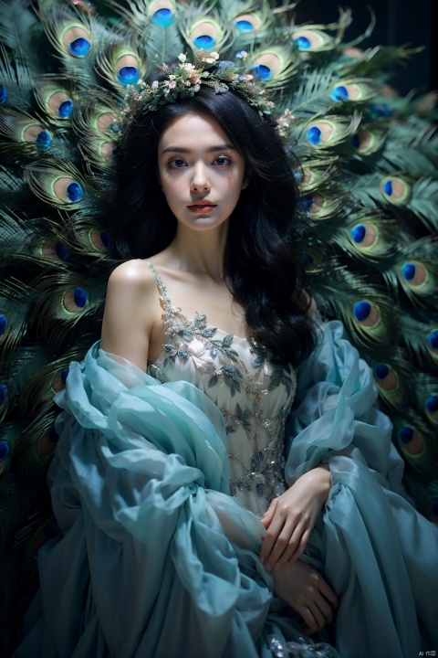 sdmai,Peacock style, 1girl, solo, flower, black hair, long hair, looking at viewer, realistic, hair flower, dress, hair ornament, lips