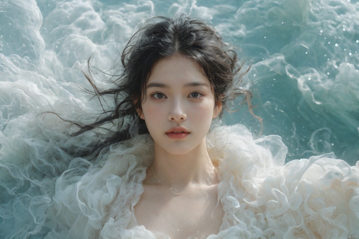  sdmai,bohenv,Lotus,lotus pond,water drops,1girl,solo,realistic,moon,black hair,breasts,long hair,dress,looking at viewer,white dress,full moon,medium breasts,water,parted lips,facial mark,
, flowing skirts,（Giant flowers：1.2),