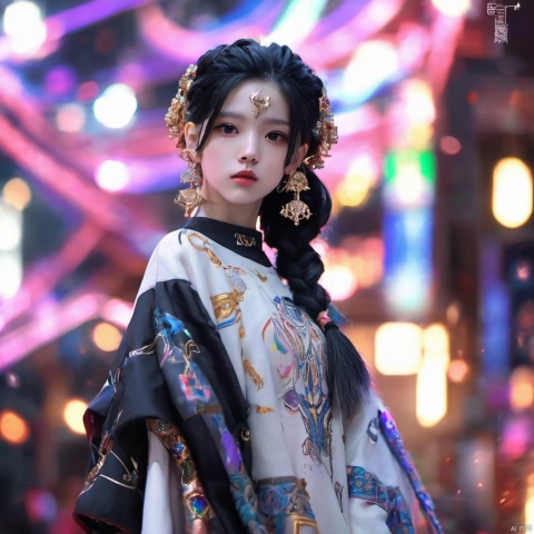 sdmai, quanxishaonv, 1girl, solo, black hair, jewelry, blurry, looking at viewer, earrings, braid, long hair, blurry background, upper body, hair ornament, twin braids, lips, jacket, depth of field