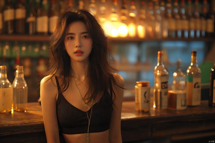  sdmai, fanhua, 1girl, solo, long hair, jewelry, necklace, realistic, breasts, brown hair, bottle, looking at viewer, parted lips, blurry, bar \(place\), lips, midriff, small breasts, blurry background, brown eyes,