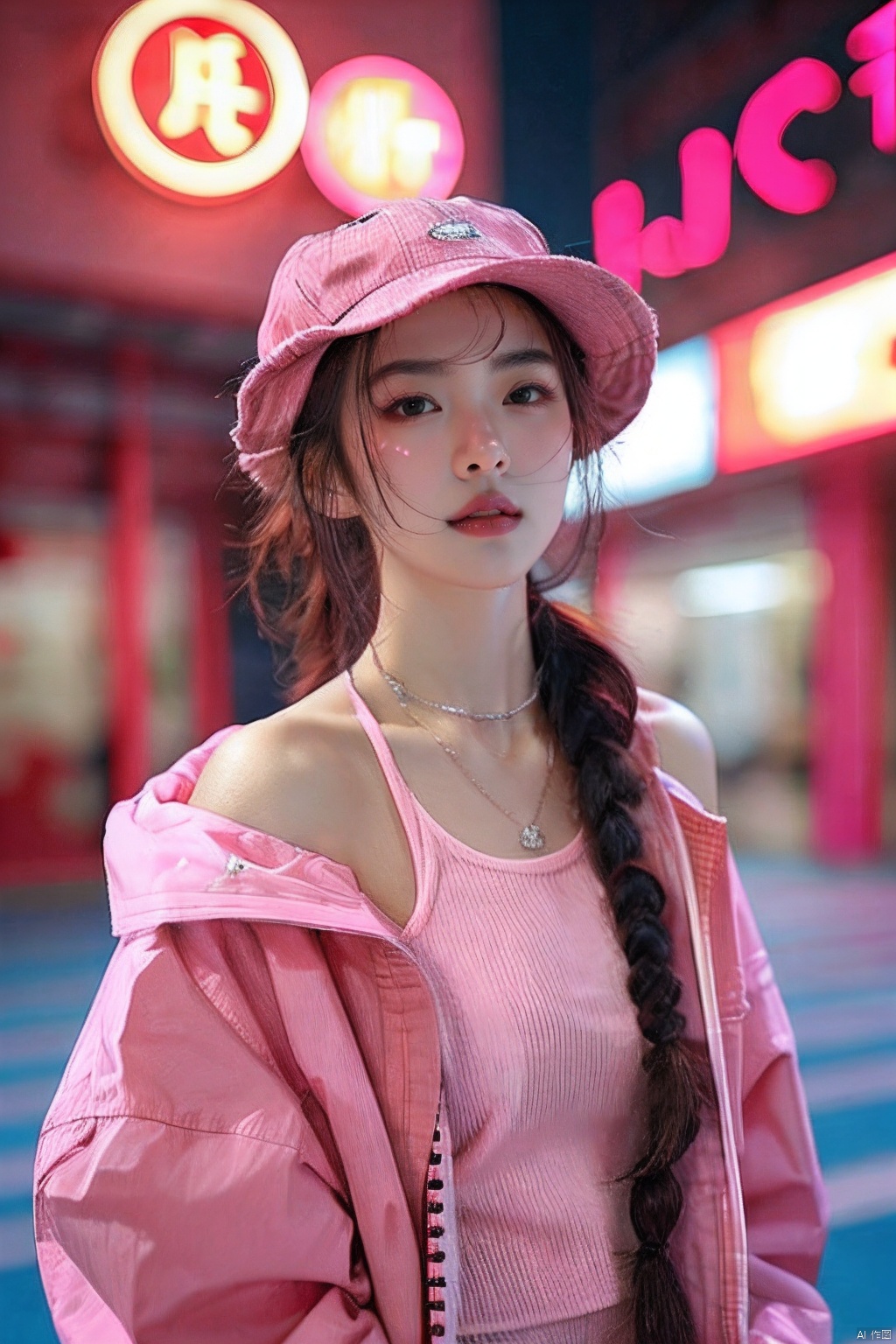  sdmai,fenfen, 1girl, solo, jewelry, hat, long hair, blurry background, realistic, braid, blurry, necklace, neon lights, brown hair, parted lips, hair over shoulder, brown eyes, looking at viewer, pink shirt, ring, outdoors, jacket, pink jacket,