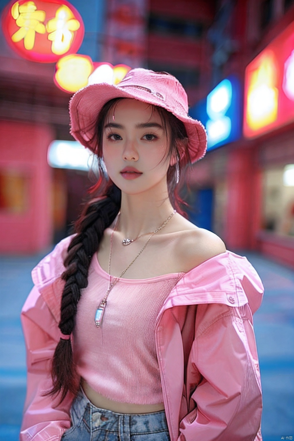  sdmai,fenfen, 1girl, solo, jewelry, hat, long hair, blurry background, realistic, braid, blurry, necklace, neon lights, brown hair, parted lips, hair over shoulder, brown eyes, looking at viewer, pink shirt, ring, outdoors, jacket, pink jacket,