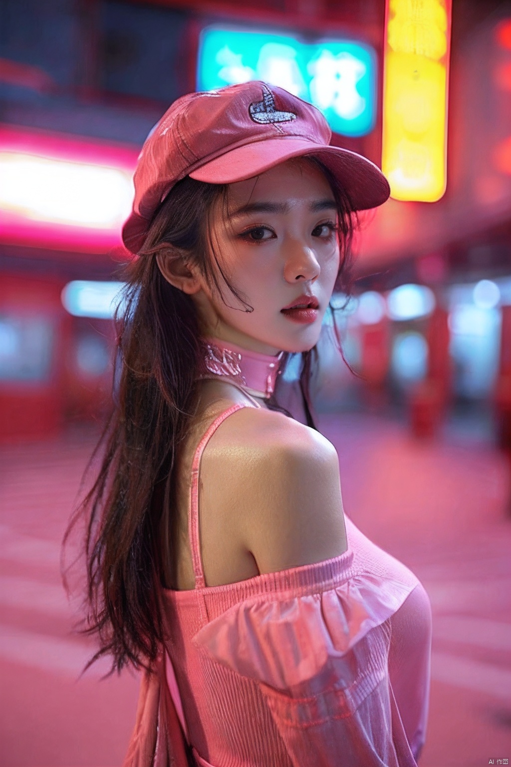  sdmai,fenfen, 1girl, neon lights, realistic, solo, hat, long hair, breasts, blurry, brown hair, looking at viewer, lips, blurry background, choker, bare shoulders,