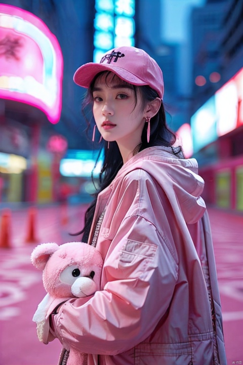  sdmai,fenfen, neon lights, baseball cap, hat, long hair, 1girl, looking at viewer, realistic, outdoors, blurry background, solo focus, blurry, hood, jewelry, parted lips, earrings, stuffed toy, black hair, pink headwear, jacket,