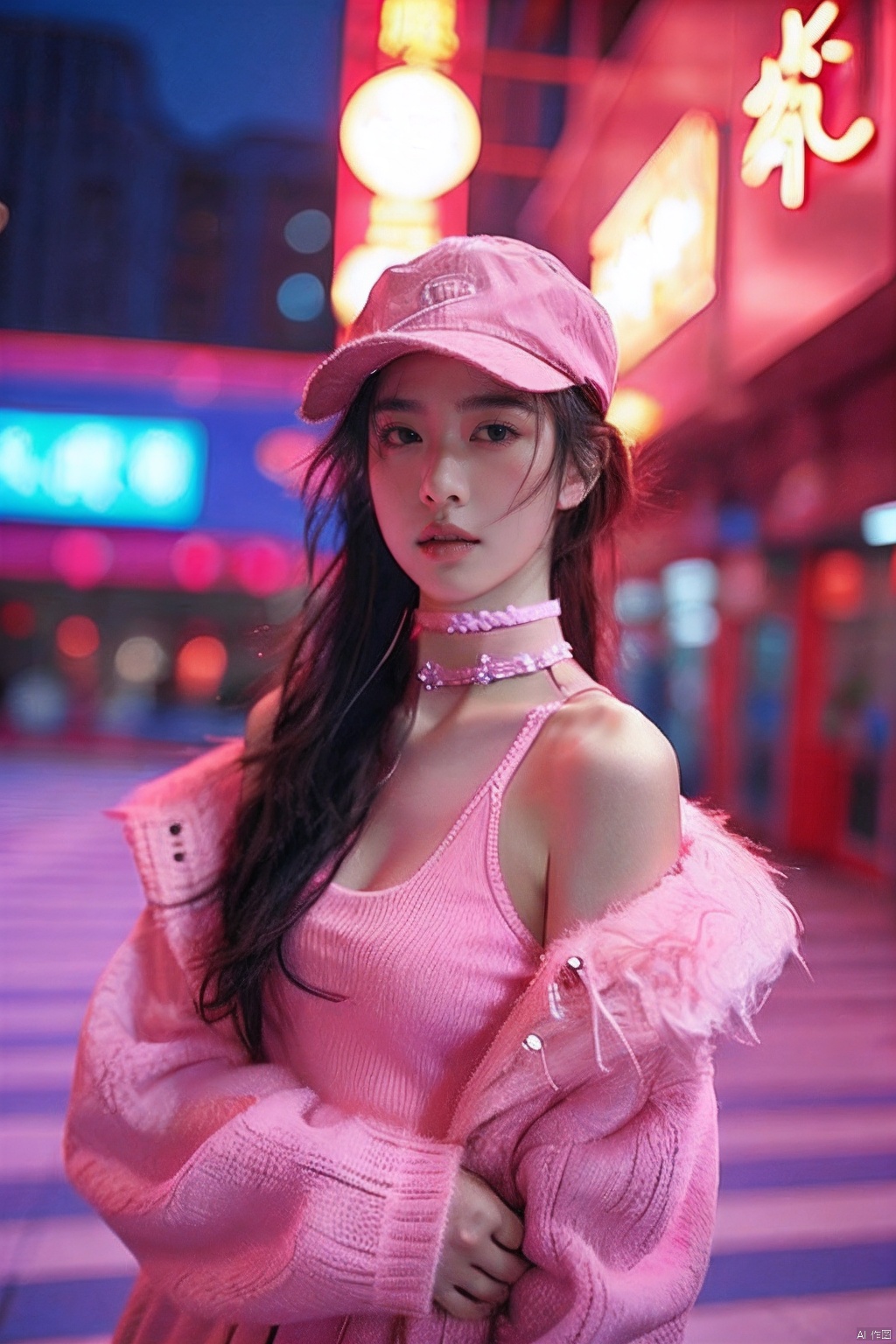  sdmai,fenfen, 1girl, neon lights, realistic, solo, hat, long hair, breasts, blurry, brown hair, looking at viewer, lips, blurry background, choker, bare shoulders,
