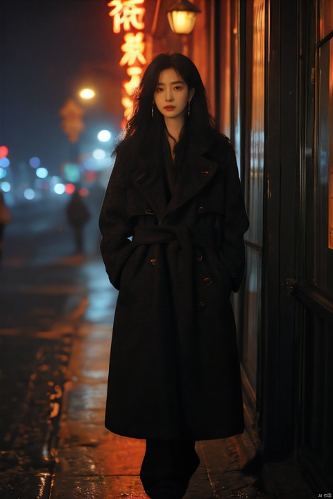  sdmai, fanhua, 1girl, solo, jewelry, long hair, looking at viewer, earrings, blurry, coat, black hair, standing, hands in pockets, night, pants,