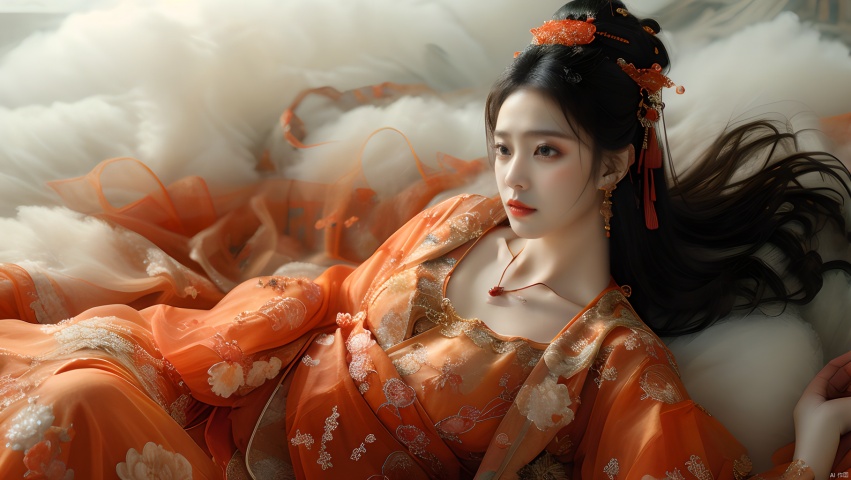  sdmai, wonv, 1girl, jewelry, solo, long hair, hair ornament, black hair, earrings, lying, on back, hanfu, realistic, necklace, chinese clothes, red lips,
