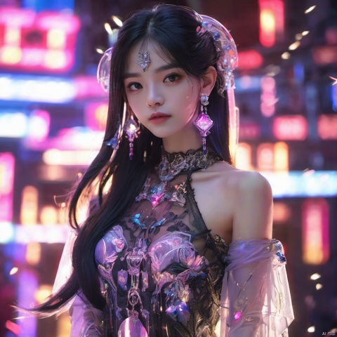 sdmai, quanxishaonv, 1girl, neon lights, solo, long hair, black hair, jewelry, earrings, realistic, dress, see-through, looking at viewer, lips