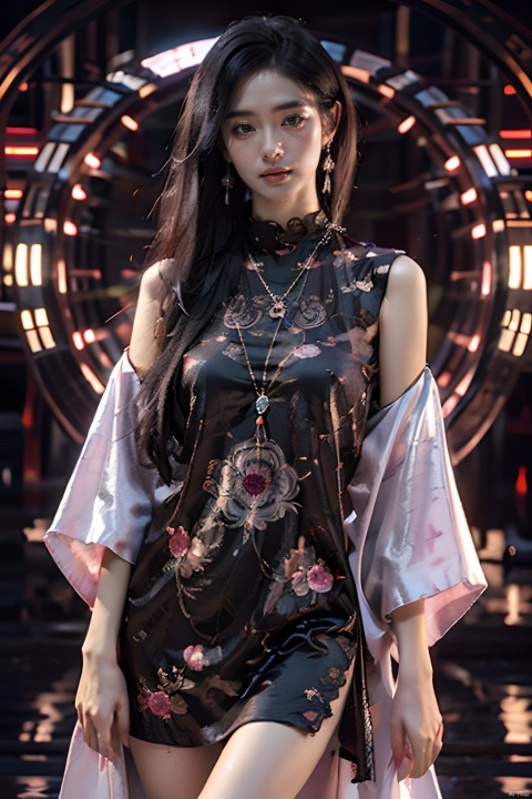 sdmai, quanxishaonv, 1girl, solo, realistic, jewelry, long hair, chinese clothes, earrings, dress, looking at viewer, lips, breasts