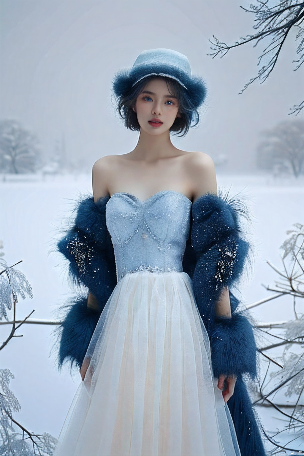  winter,sdmai,xiaodiao,mink fur coat,Blue tone style background,close-up view,1girl,solo,dress,hat,looking at viewer,realistic,short hair,parted lips,hand on hip,blue eyes,white dress,outdoors,bareshoulders,snow,lips,, sdmai